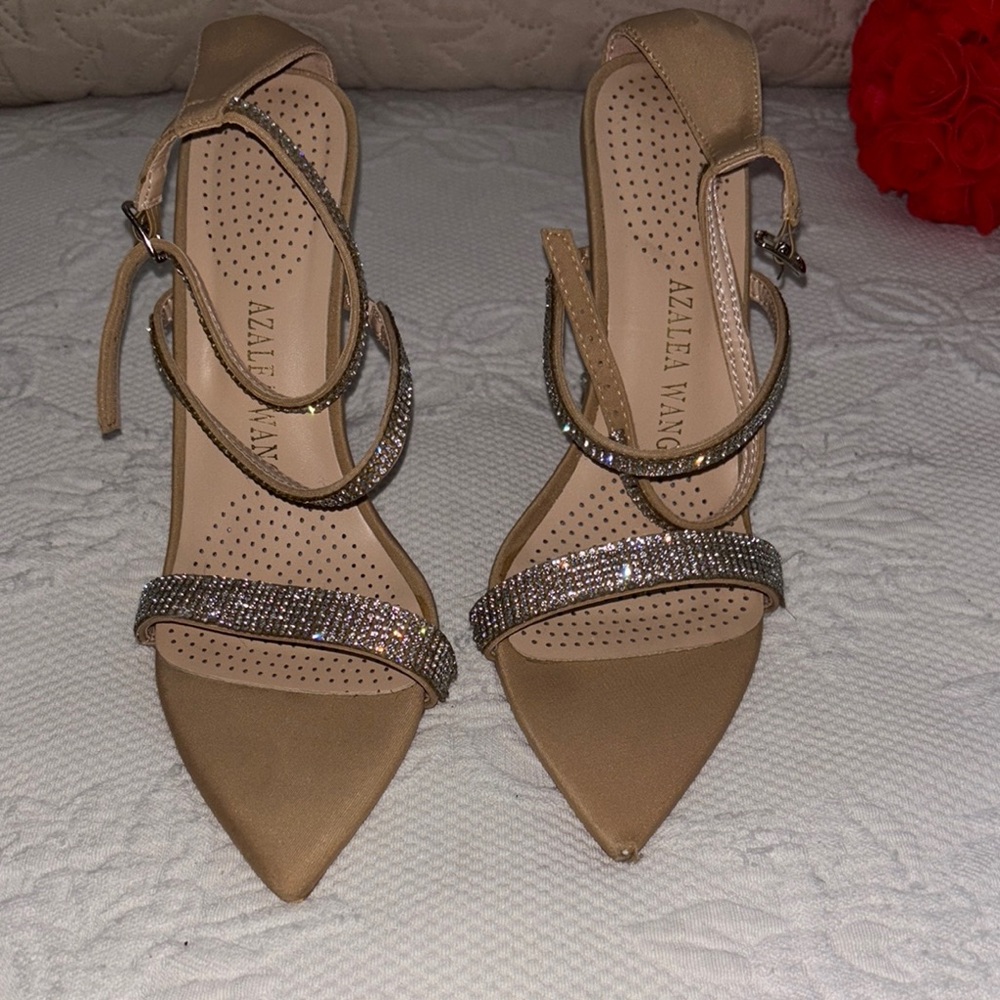 Azalea Wang Tan Strappy Heels with Sparkling Accents